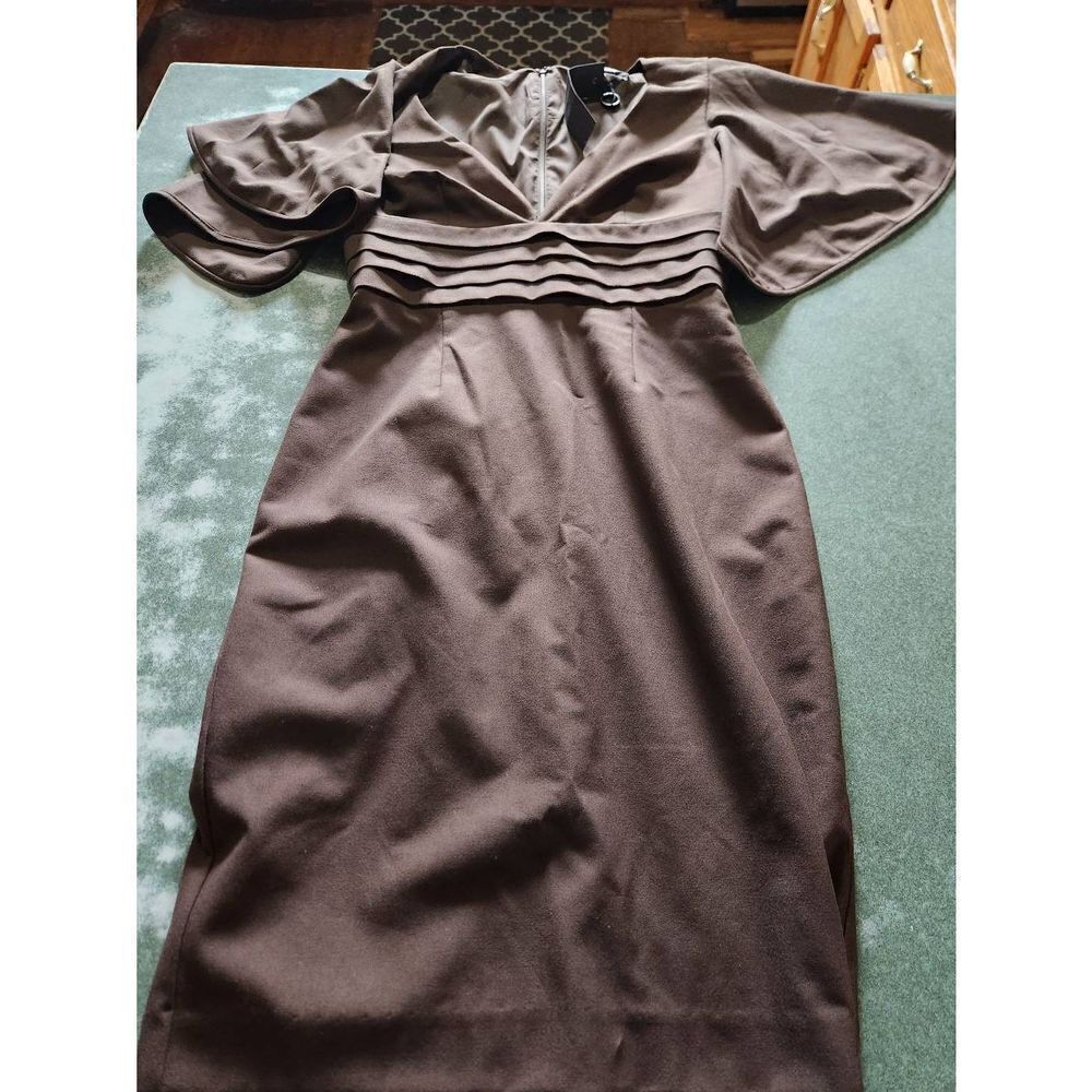 NWT Black Halo brown v neck pleated Flutter Sleeve dress sz 4